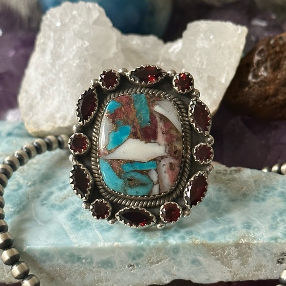 Turquoise spiny mosaic statement sterling silver adjustable ring - Picture 3 of 8